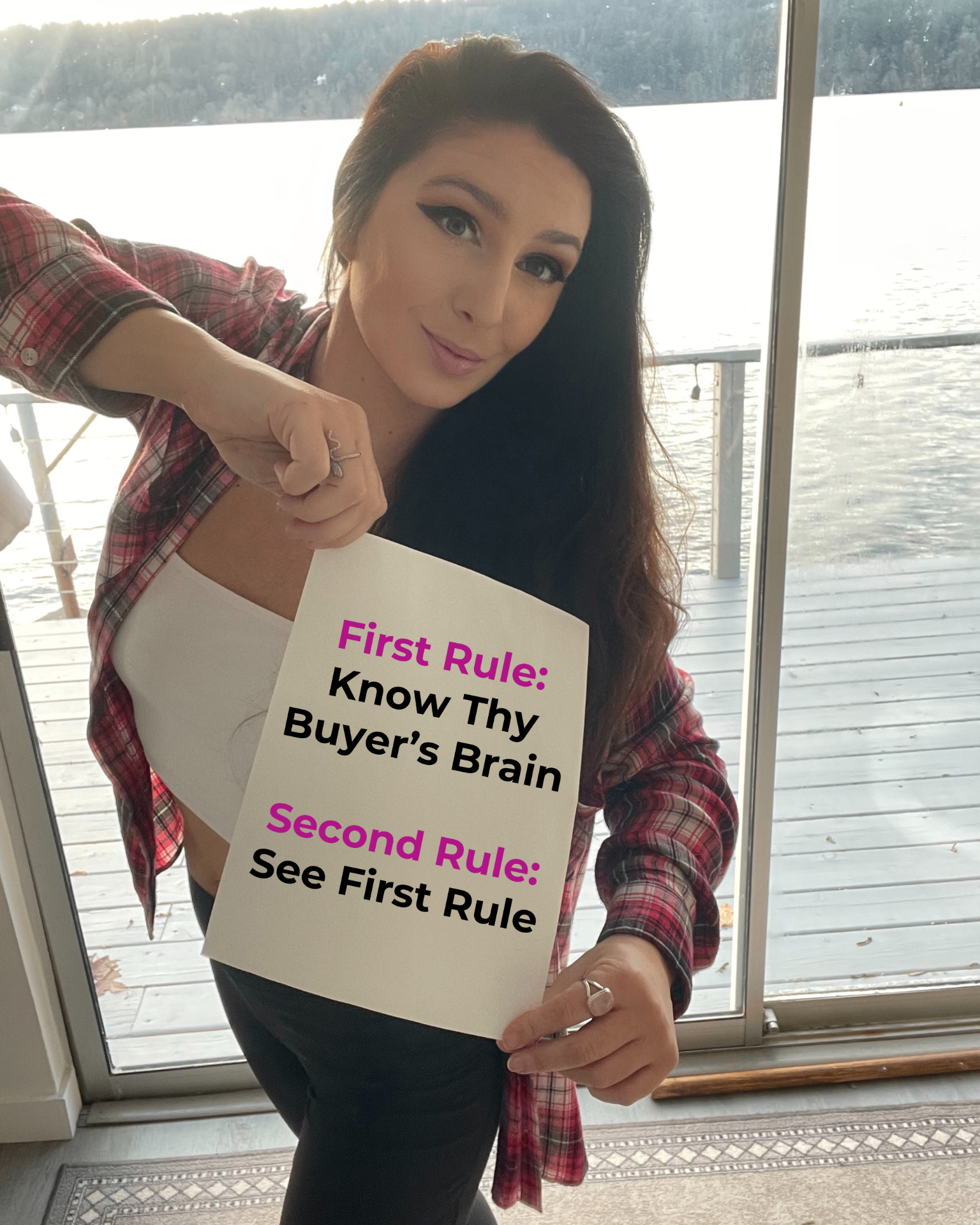 Shannon Smith, HarvardX Verified Neuroscience Researcher, holding a sign about buyer brain science